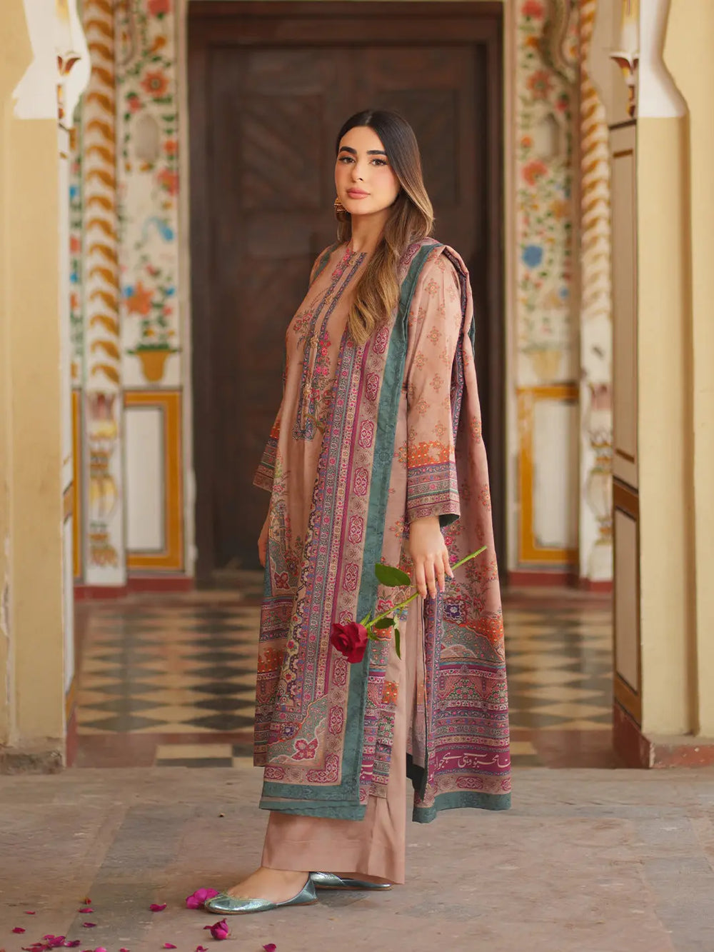 Ivory Beige Ethnic Printed 2-Piece Suit For Women