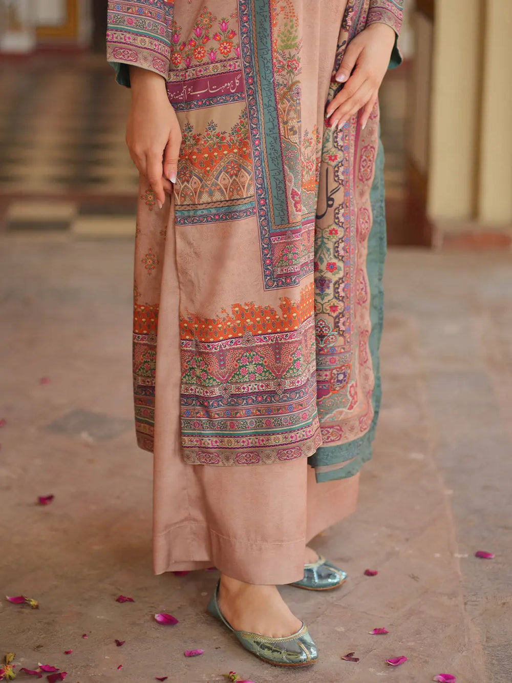 Ivory Beige Ethnic Printed 2-Piece Suit For Women