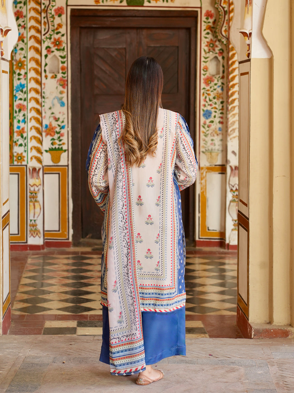 Ivory Beige 3-Piece Printed Suit with Chiffon Dupatta For Women