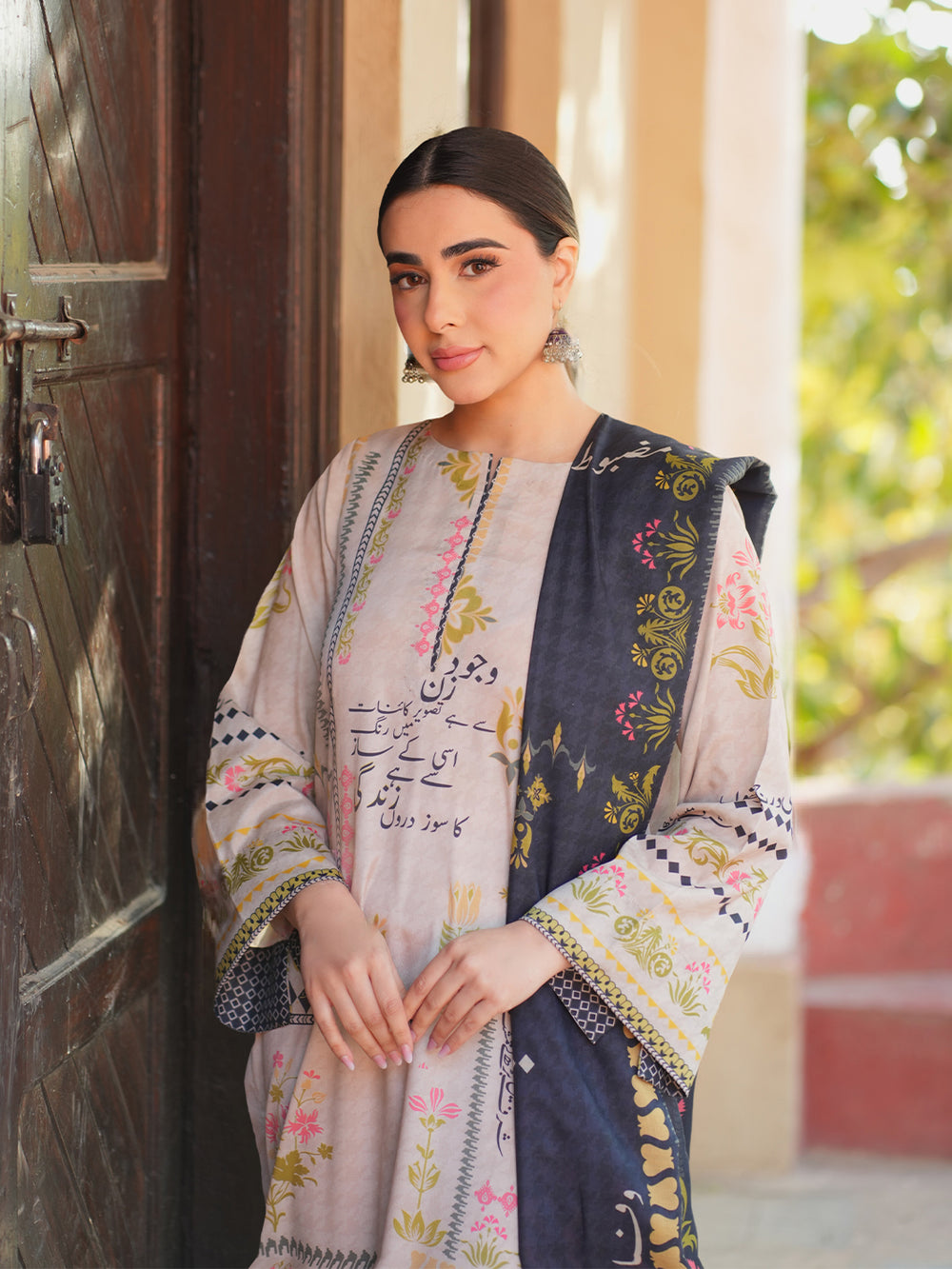 Off-White 2-Piece Printed Suit with Maroon Design For Women