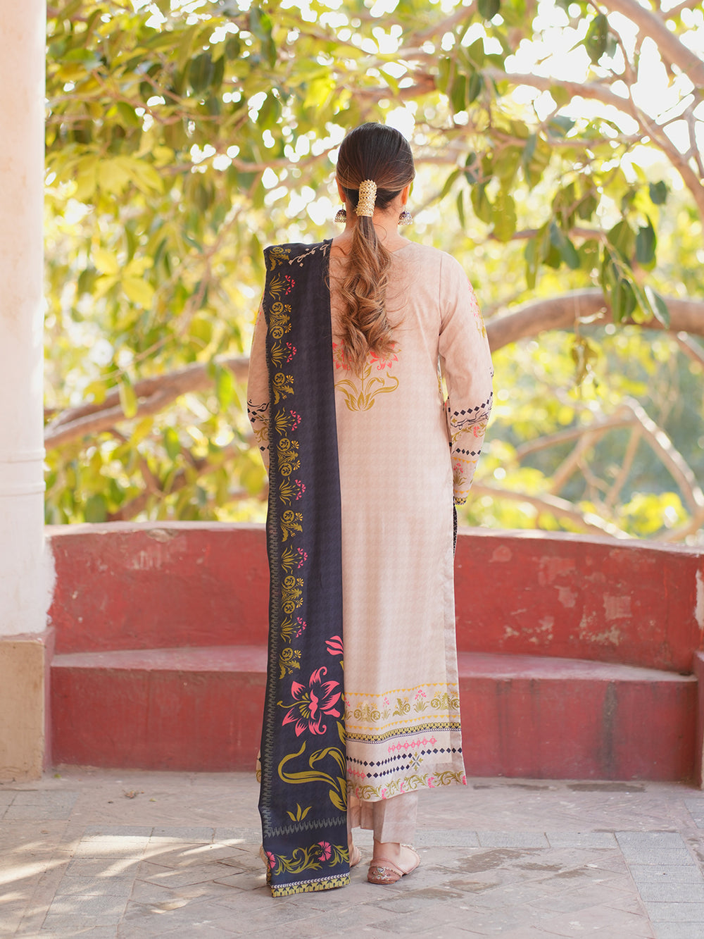 Off-White 2-Piece Printed Suit with Maroon Design For Women