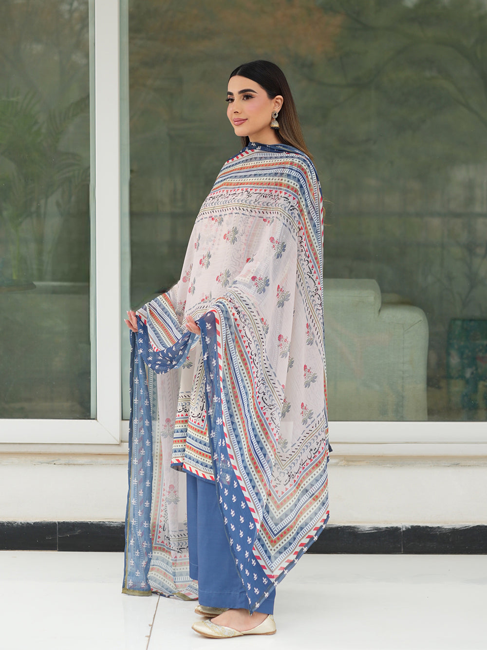 Ivory Beige 3-Piece Printed Suit with Chiffon Dupatta For Women