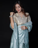 Selene Ice Blue Tissue Silk Saree Set For Women