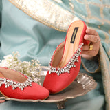 Crimson Charm Heels – Velvet with Silver Embellishments For Women