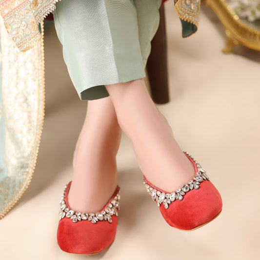 Crimson Charm Heels – Velvet with Silver Embellishments For Women