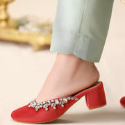 Crimson Charm Heels – Velvet with Silver Embellishments For Women