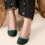 Emerald Radiance Heels – Velvet with Silver Embellishments For Women