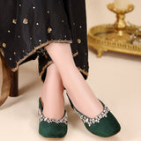 Emerald Radiance Heels – Velvet with Silver Embellishments For Women