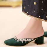 Emerald Radiance Heels – Velvet with Silver Embellishments For Women