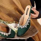 Emerald Radiance Heels – Velvet with Silver Embellishments For Women