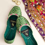 Bandhani Cobalt Green & Blue Mirror Work Khussa For Women