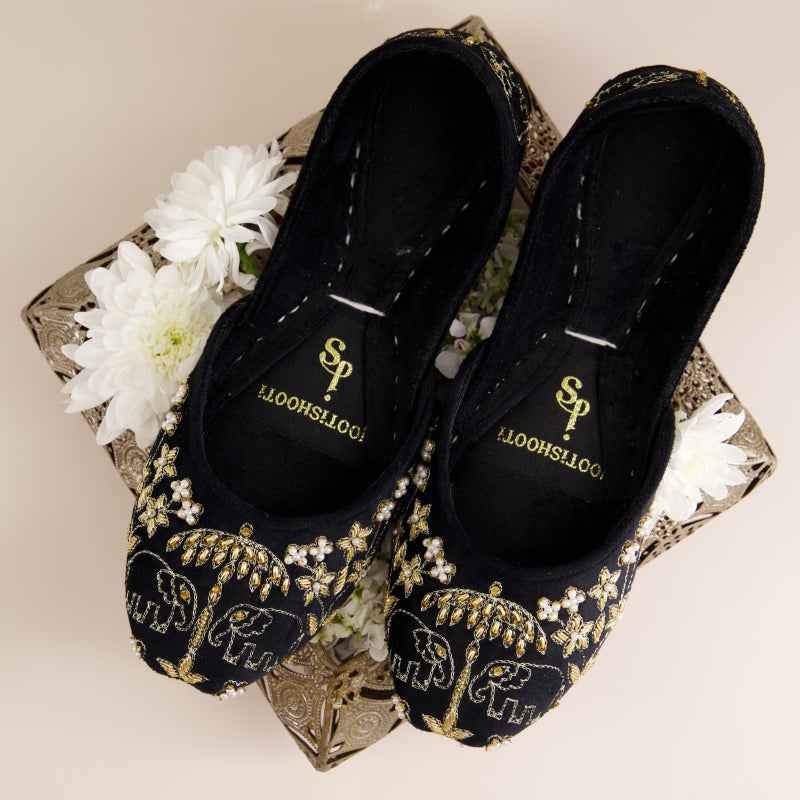 Royal Black Elephant Embroidered Khussa For Women