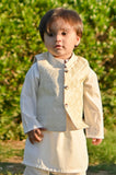 White Kurta with Sequin Jamawar Waistcoat For Boys