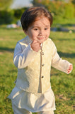 White Kurta with Sequin Jamawar Waistcoat For Boys