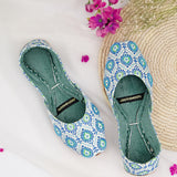 Kairi – Blue & White Khussas with Elegant Green Accents For Women