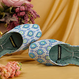 Kairi – Blue & White Khussas with Elegant Green Accents For Women