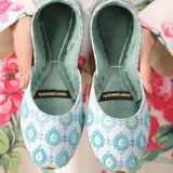 Kairi – Blue & White Khussas with Elegant Green Accents For Women