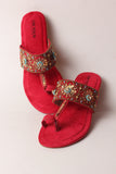 Red Kolhapuri Shoes with Kantha Stitch & Silver Accents For Women