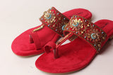 Red Kolhapuri Shoes with Kantha Stitch & Silver Accents For Women