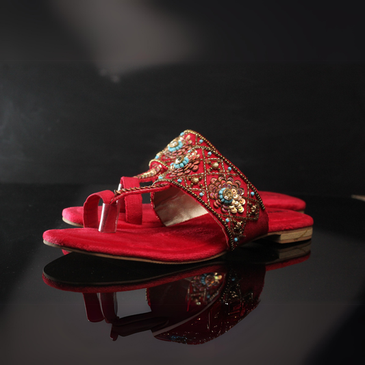 Red Kolhapuri Shoes with Kantha Stitch & Silver Accents For Women