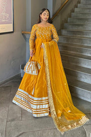 Afroz Jahan Mustard Raw Silk Maxi with Net Dupatta For Women
