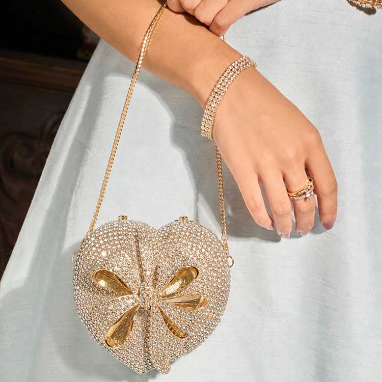 Luxury Heart Crystal Clutch – Gold & Red For Women