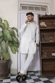 White Color Sherwani Style Chicken Kari Embroidered Kurta Pajama For Men