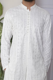 White Color Sherwani Style Chicken Kari Embroidered Kurta Pajama For Men