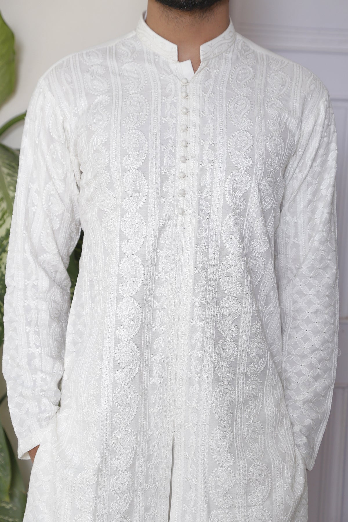 White Color Sherwani Style Chicken Kari Embroidered Kurta Pajama For Men