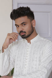White Color Sherwani Style Chicken Kari Embroidered Kurta Pajama For Men
