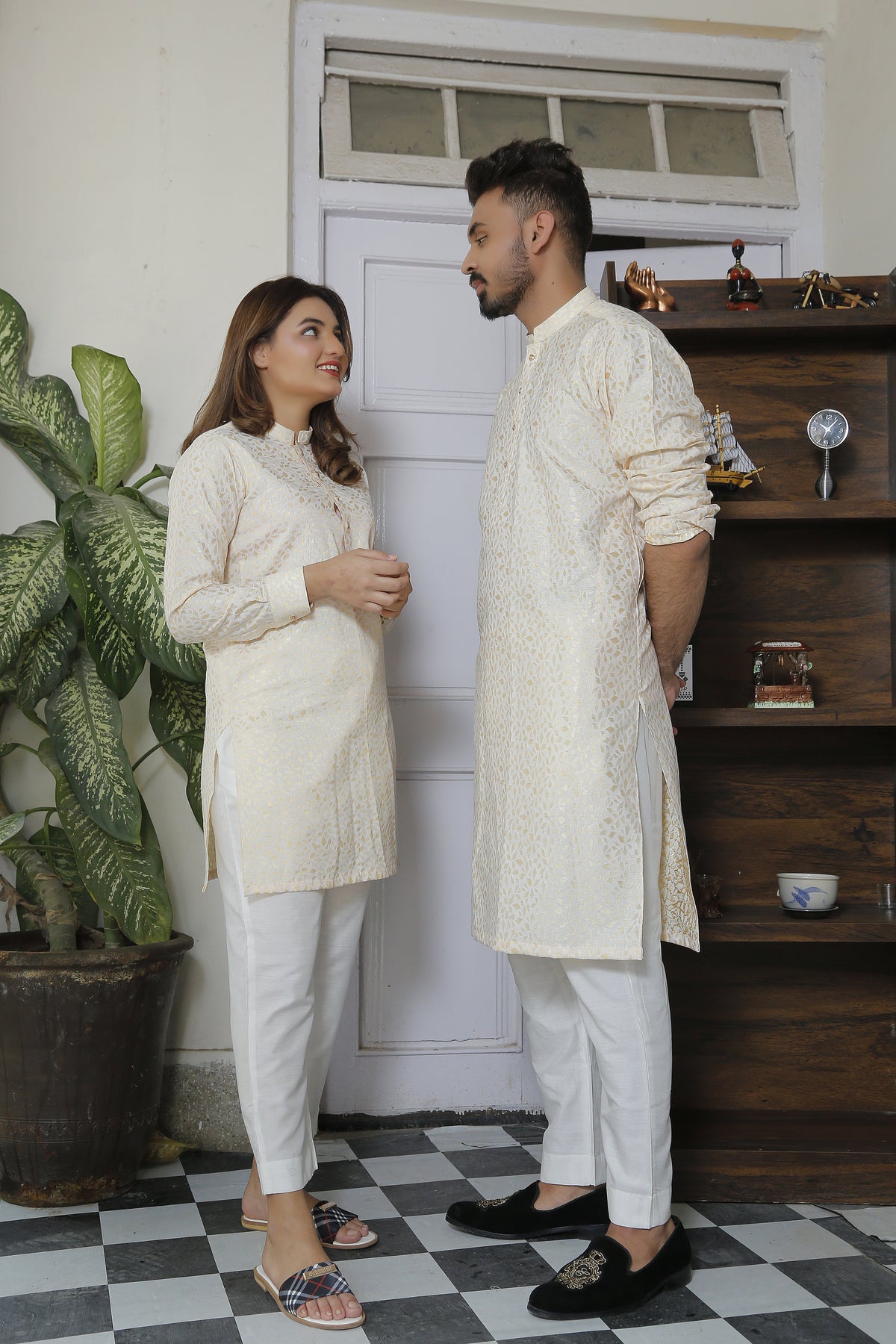 Self Golden Designer Kurta With White Trouser For Couples