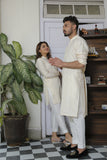Self Golden Designer Kurta With White Trouser For Couples