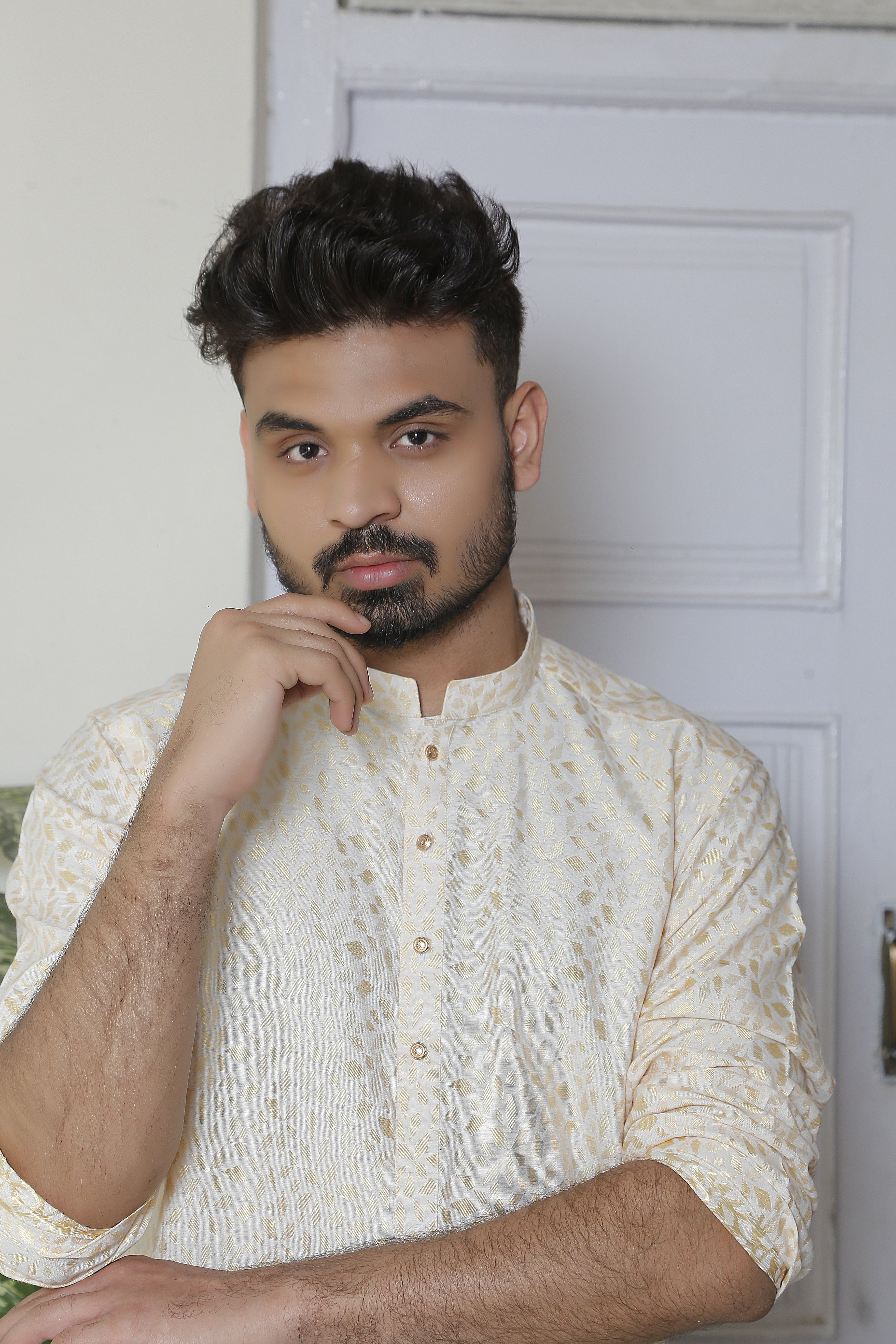 Self-Golden & White Color Kurta Pajama For Men