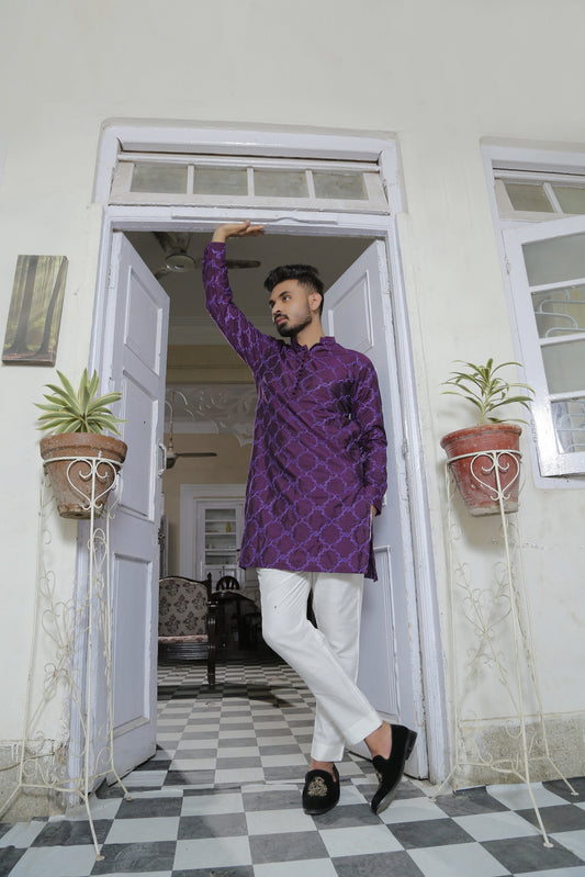 Purple & White Color Embroidered Kurta Pajama For Men