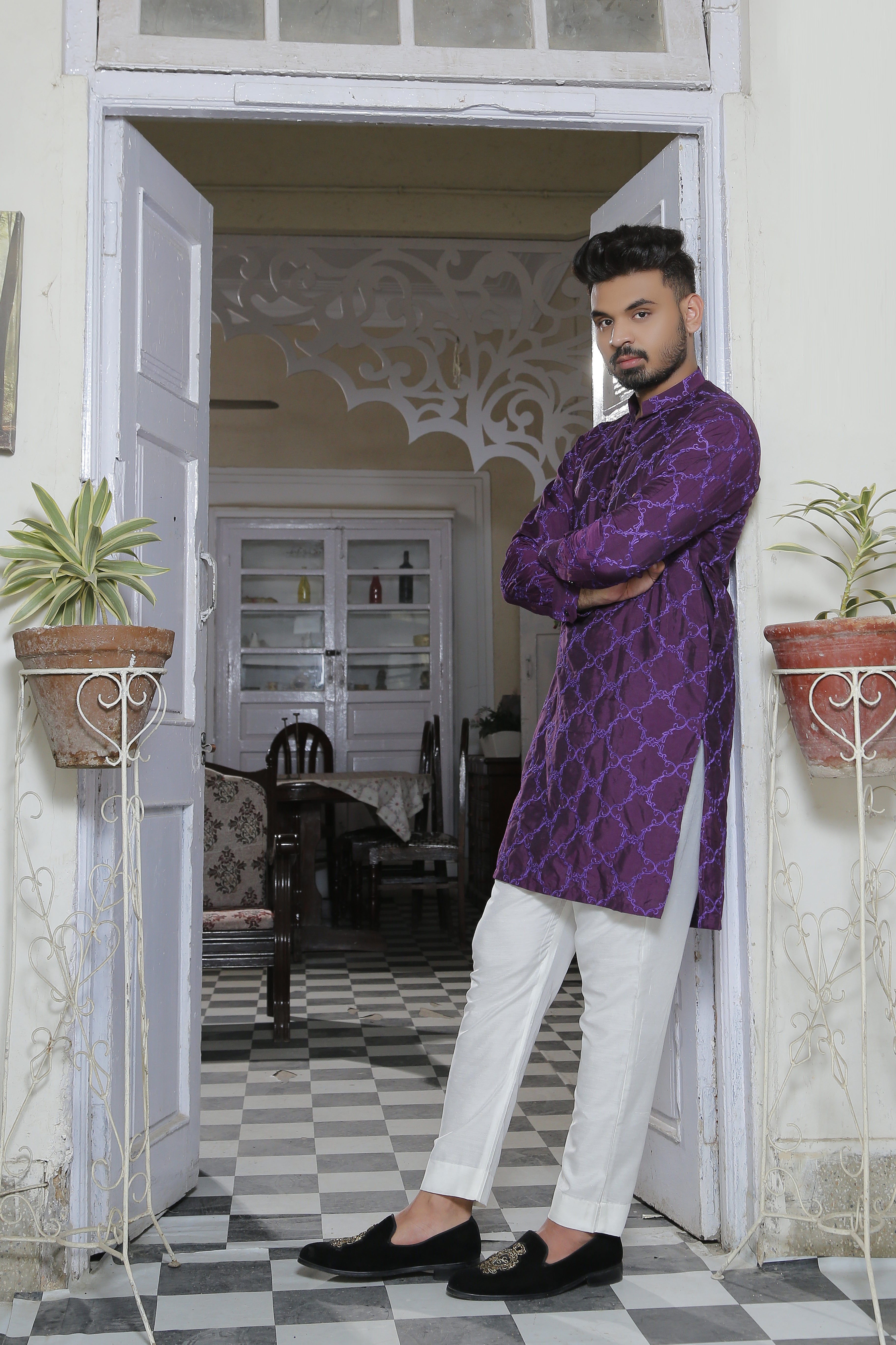 Purple & White Color Embroidered Kurta Pajama For Men