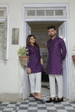 Purple Color Embroidered Kurta With White Trouser For Couple