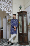 Blue & White Color Floral Embroidered Kurta Pajama For Men