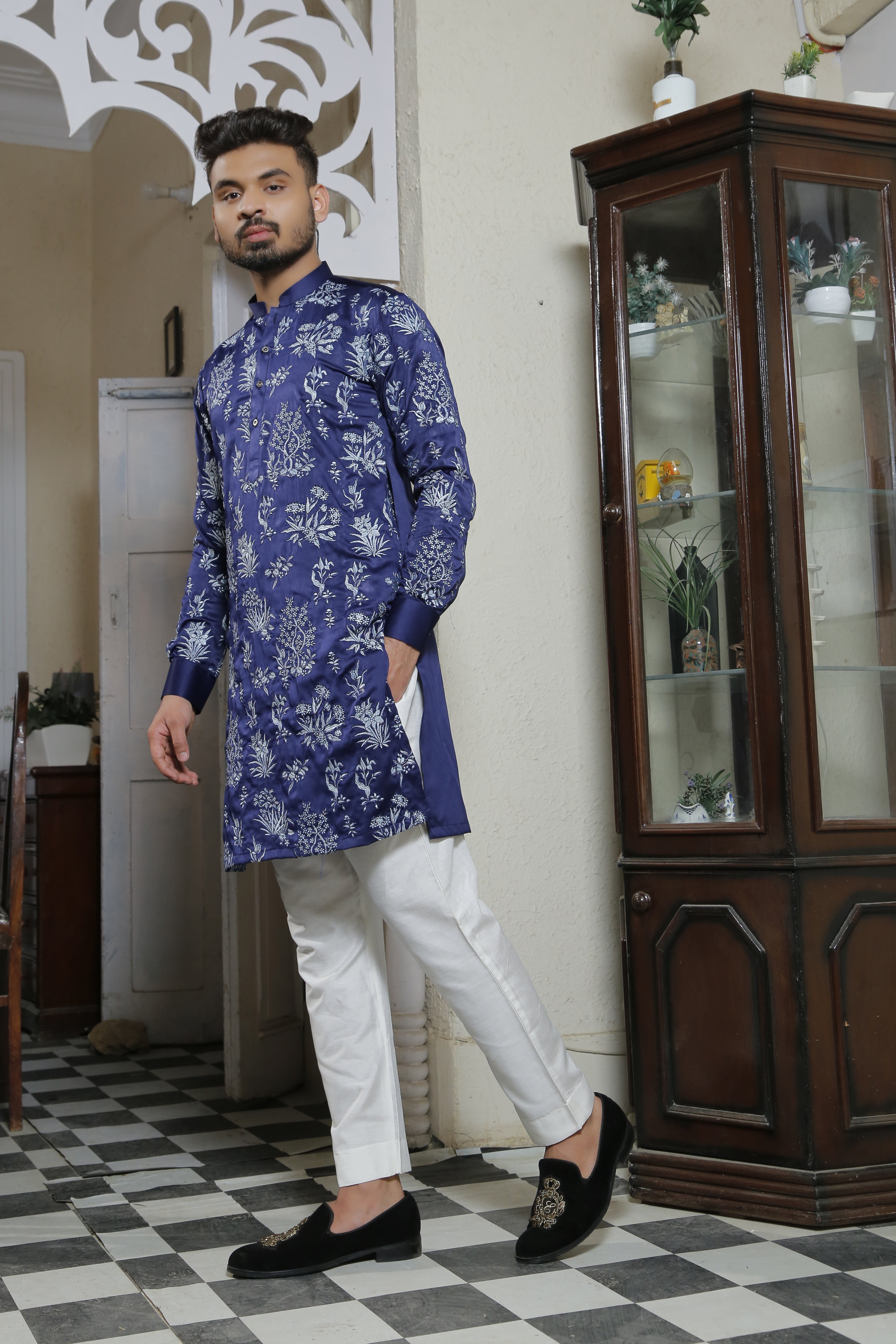 Bluish Color With Floral Embroidered Kurta With White Trouser For Couples