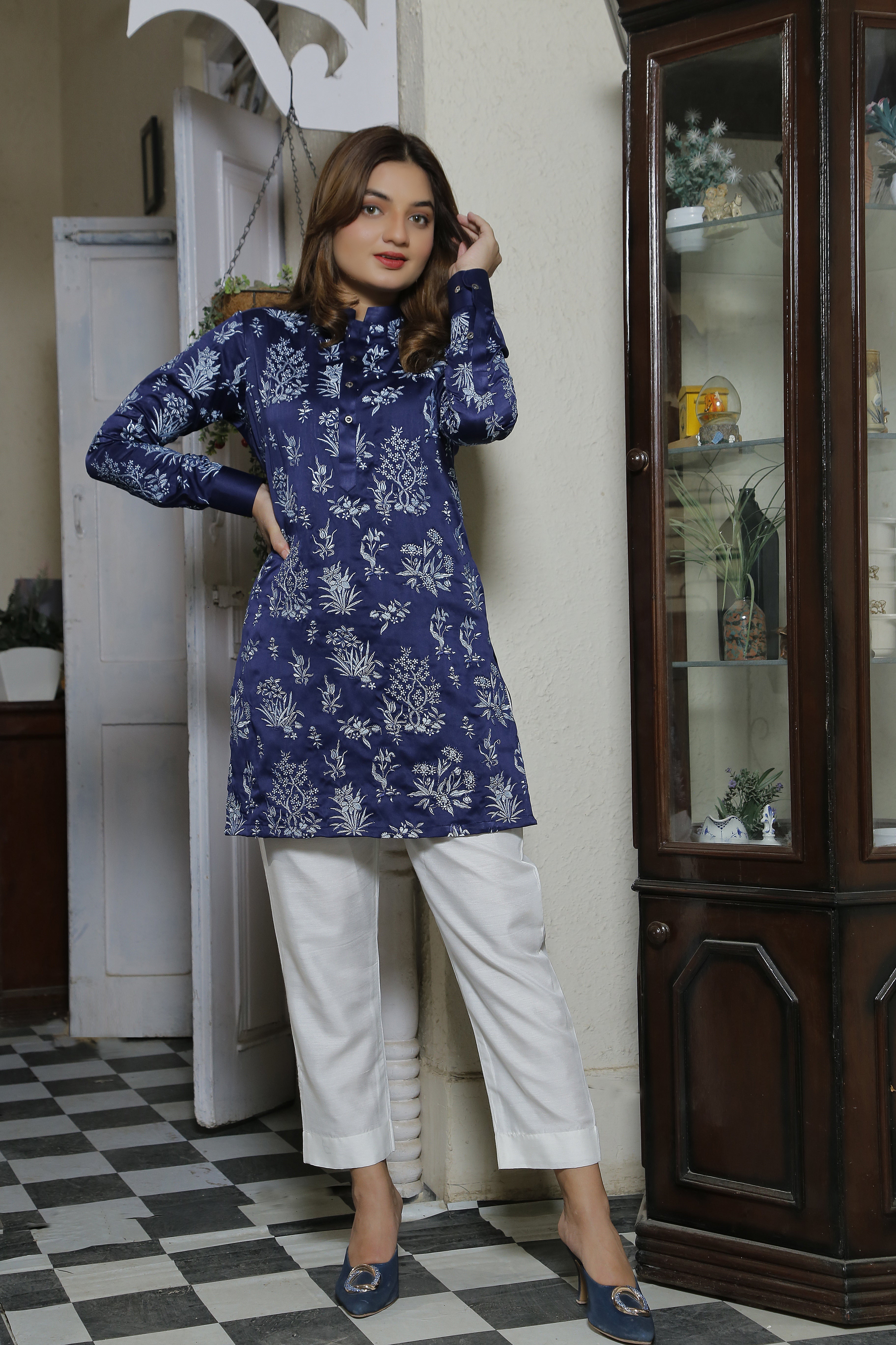 Bluish Color With Floral Embroidered Kurta With White Trouser For Couples