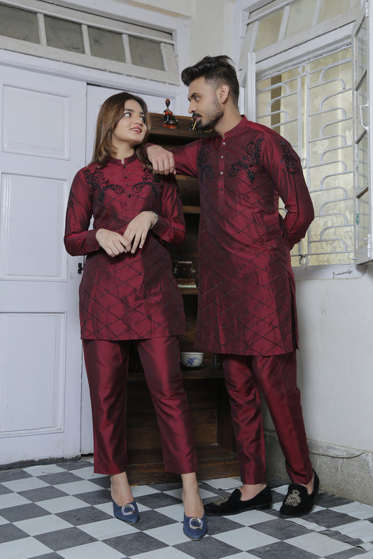 Maroon Cotton Silk Kurta Pajama With Black Extravagant Embroidery For Couples