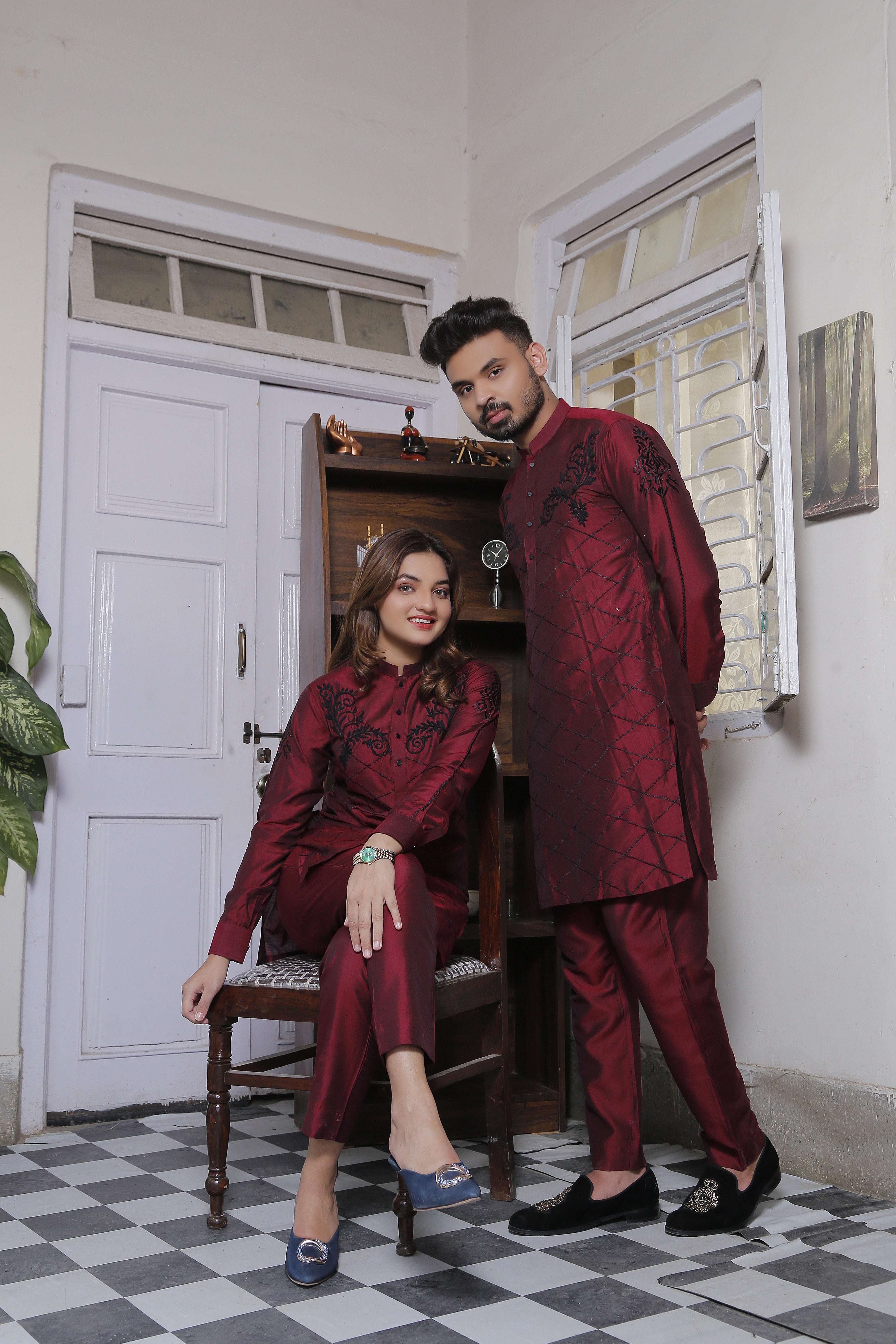 Maroon Cotton Silk Kurta Pajama With Black Extravagant Embroidery For Couples