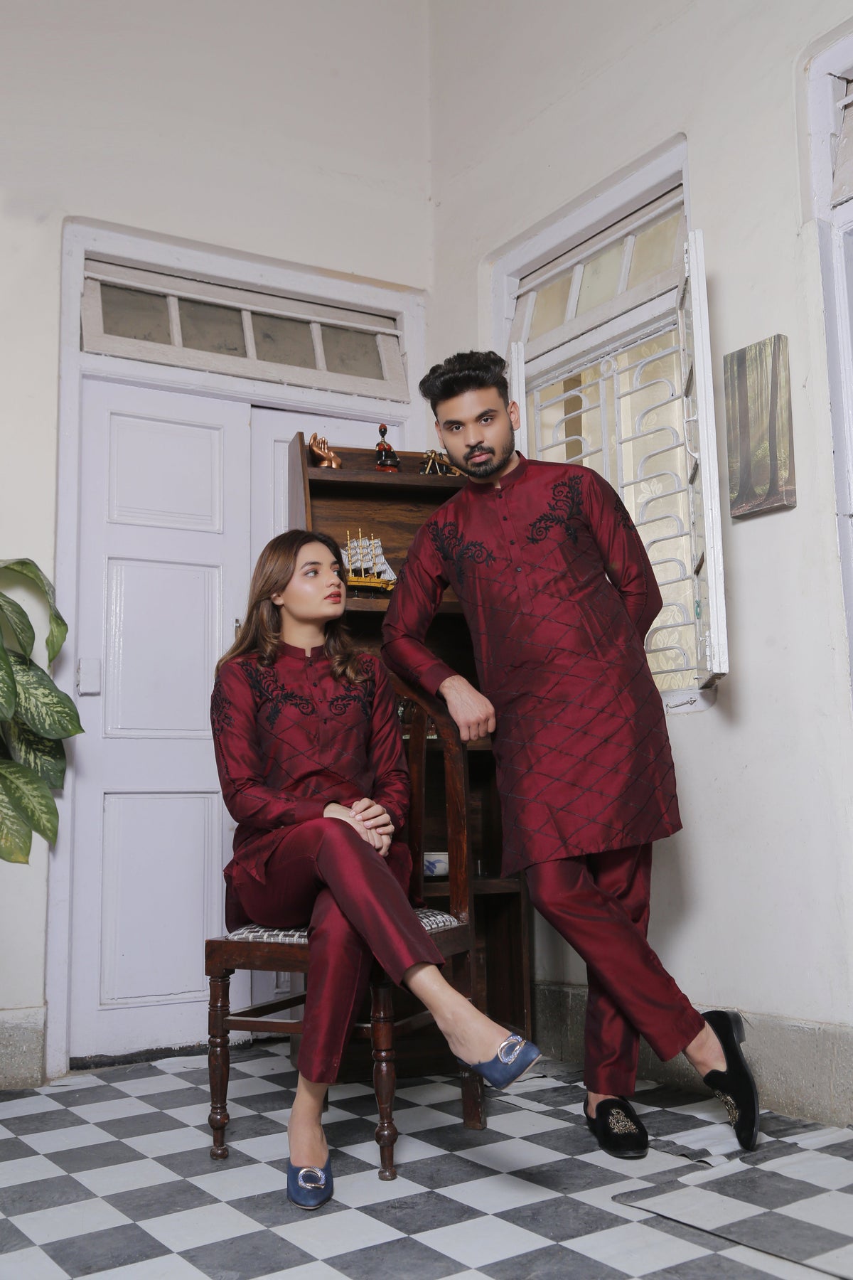 Maroon Cotton Silk Kurta Pajama With Black Extravagant Embroidery For Couples