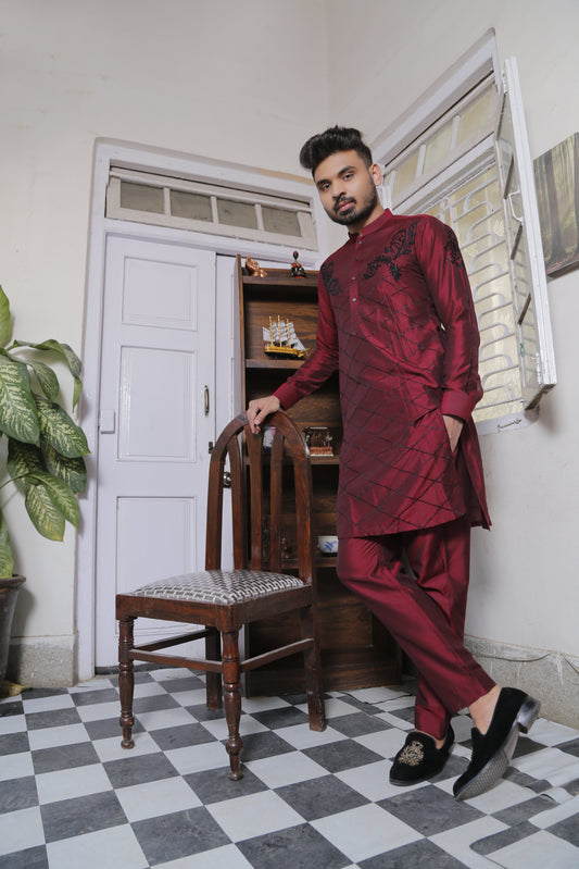 Maroon Color Extravagant Embroidered Cotton Silk Kurta Pajama For Men