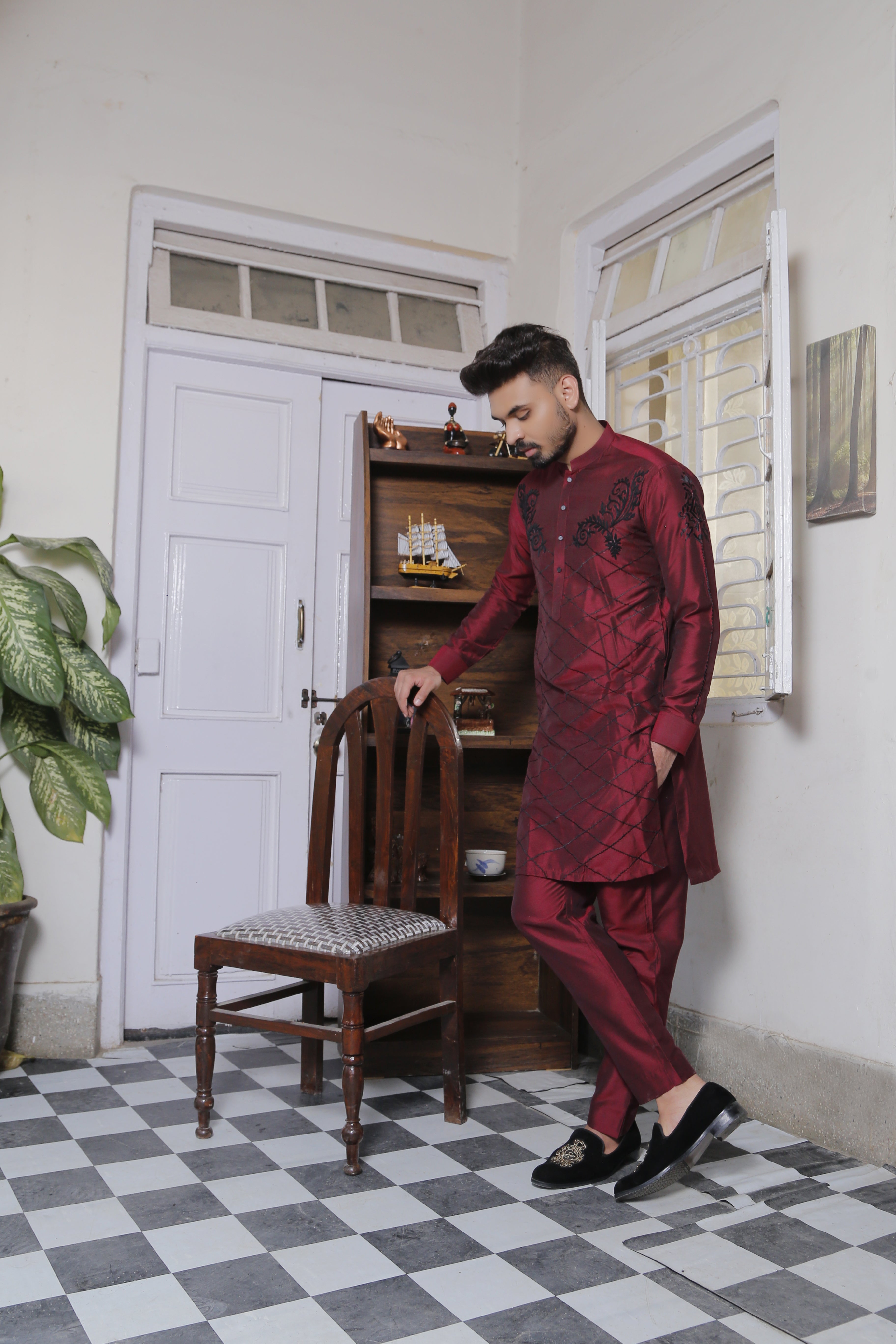 Maroon Color Extravagant Embroidered Cotton Silk Kurta Pajama For Men