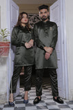 Olive Green Kurta Pajama With Gold Buttons For Couples