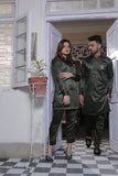 Olive Green Kurta Pajama With Gold Buttons For Couples
