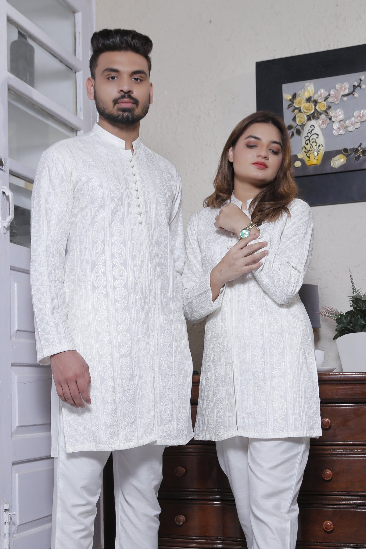 White Color Chicken Kari Kurta & Trouser For Couple