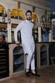 White Color Motif Embroidered Kurta Pajama For Men