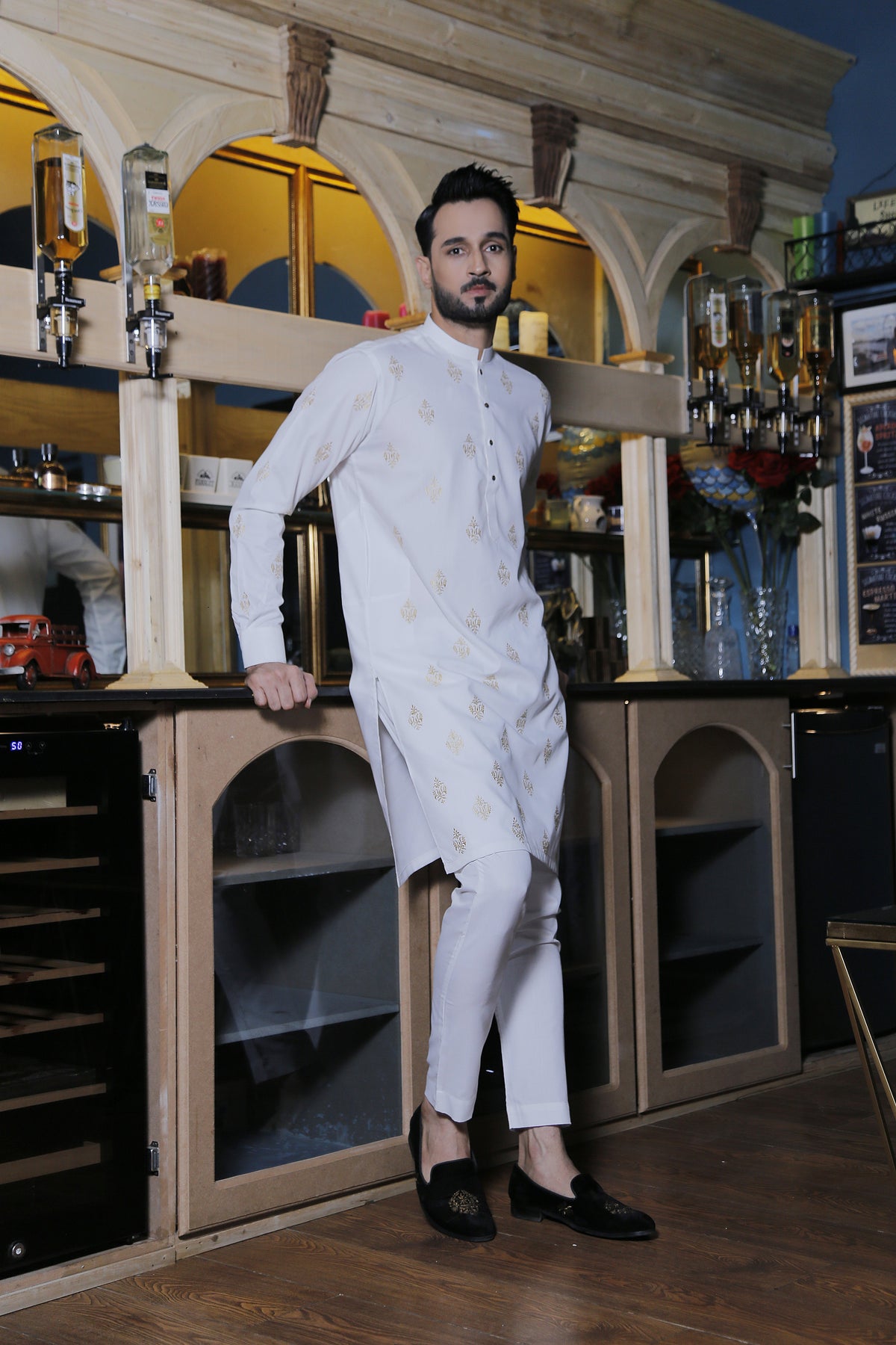 White Color Motif Embroidered Kurta Pajama For Men