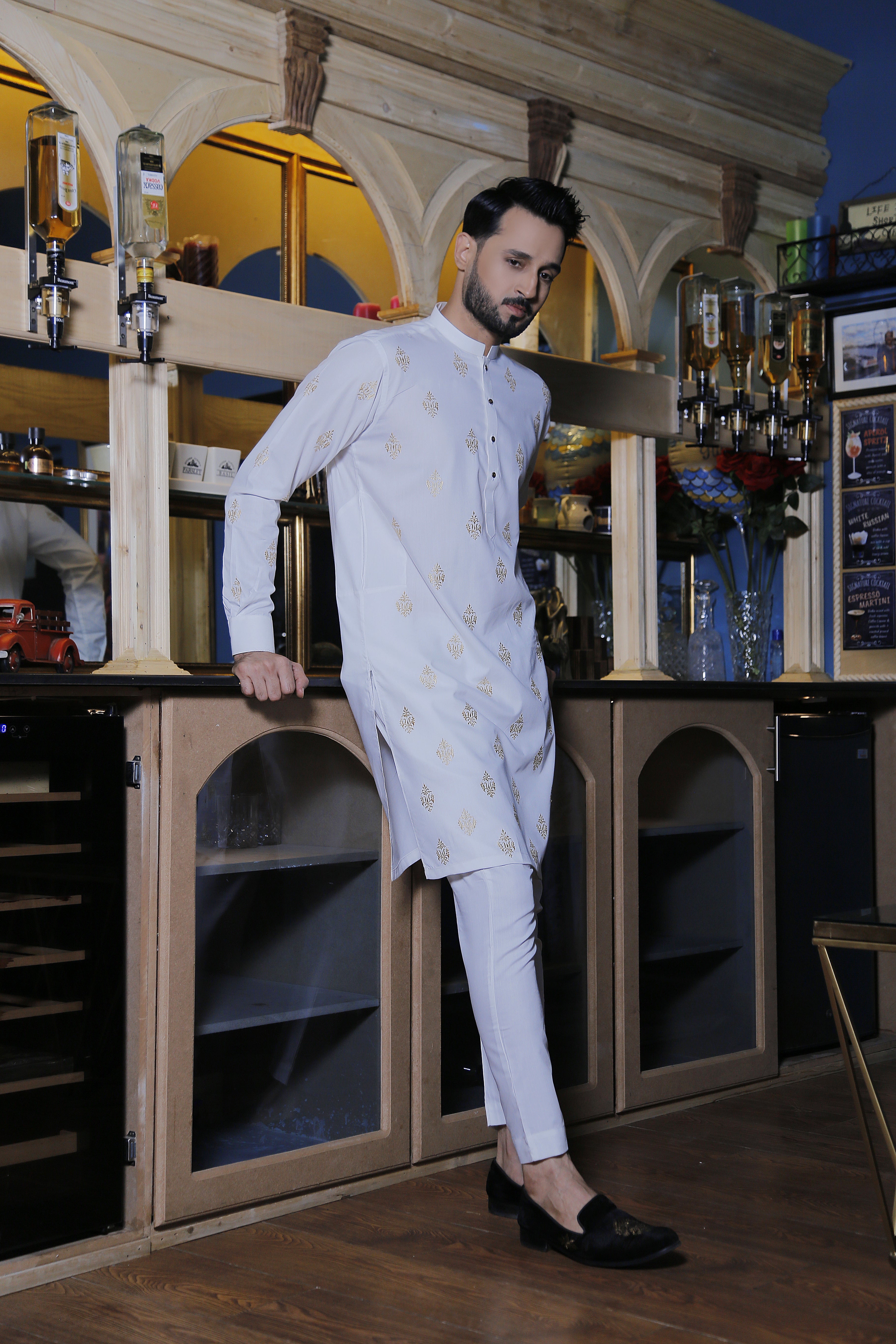 White Color Motif Embroidered Kurta Pajama For Men